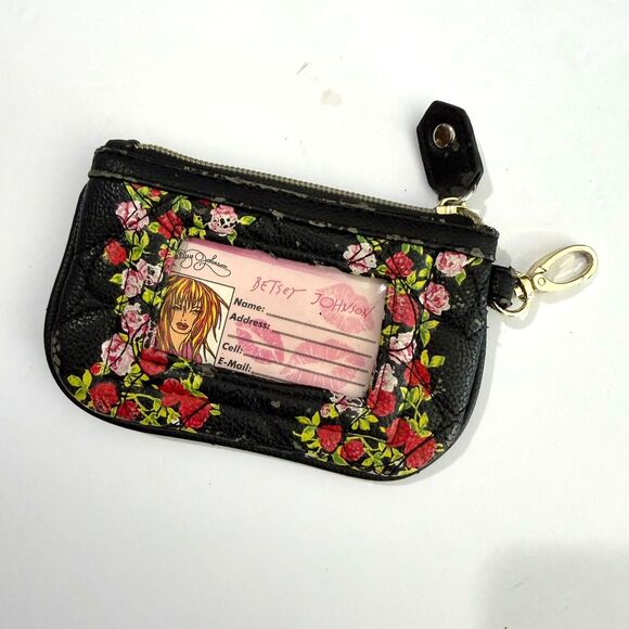 Betsey Johnson, Y2K Black Quilted Rose Zipper Cardholder Coin purse - Picture 3 of 4